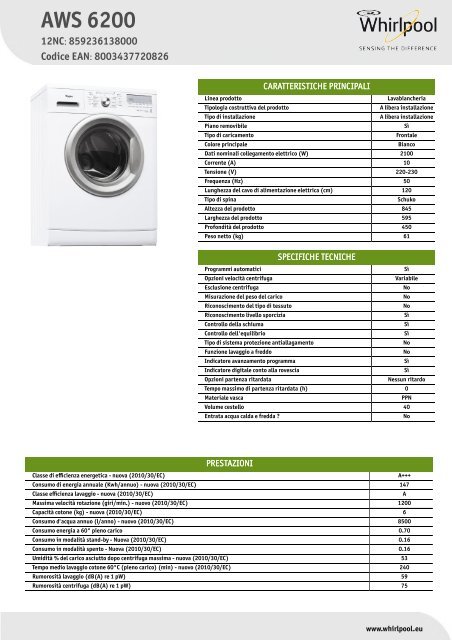 Whirlpool Lavatice compatta 45cm, 6Kg, 1200 giri AWS 6200 - Scheda Tecnica_Italiano