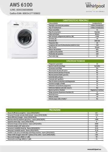 Whirlpool Lavatice compatta 45cm, 6Kg, 1000 giri AWS 6100 - Scheda Tecnica_Italiano