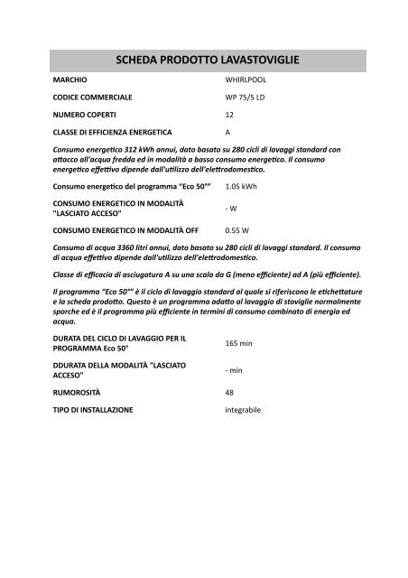 Whirlpool Lavastoviglie da incasso, 12 coperti, 5 programmi WP 75/5 LD -  Scheda prodotto_Italiano
