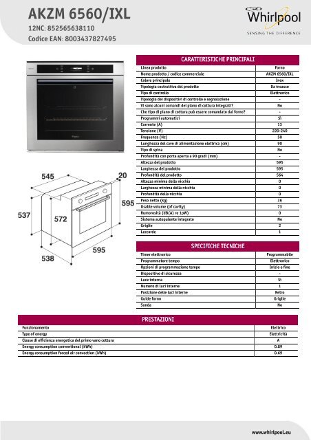 Whirlpool Forno elettronico 15 funzioni, linea Fusion AKZM 6560/IXL -  Scheda Tecnica_Italiano