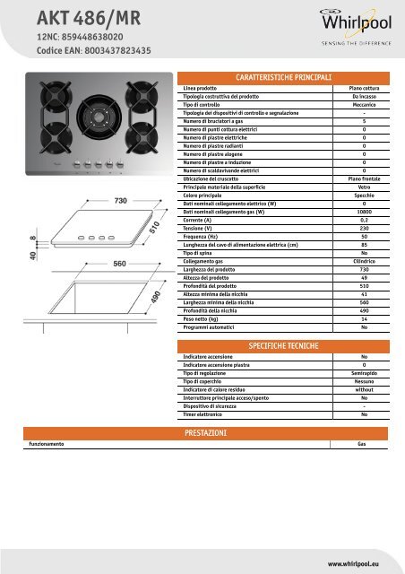 Whirlpool Piano cottura in vetro da 75 cm, Linea Passpartour Specchiato AKT 486/MR - Scheda Tecnica_Italiano