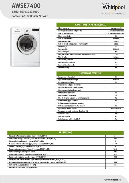 Whirlpool Lavatrice compatta 45 cm, 7 kg, 1400 giri AWSE7400 - Scheda  Tecnica_Italiano