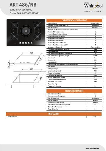 Whirlpool Piano cottura in vetro da 75 cm, Linea Passpartour Nero AKT 486/NB - Scheda Tecnica_Italiano