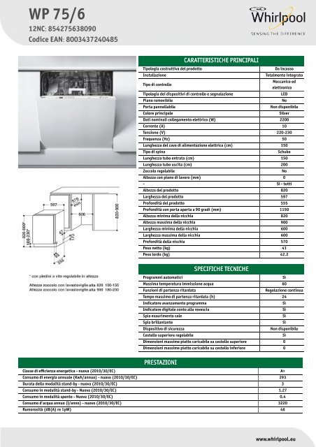 Whirlpool Lavastoviglie da incasso, 13 coperti, 6 programmi WP 75/6 -  Scheda Tecnica_Italiano
