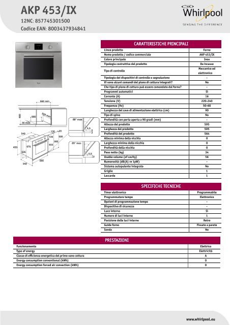 Whirlpool Forno elettronico 11 funzioni, linea Square AKP 453/IX - Scheda  Tecnica_Italiano