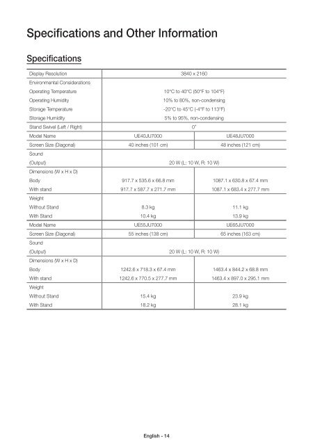 Samsung TV LED 40'', UHD/4K, Smart TV, 3D, 1300PQI - UE40JU7000 (UE40JU7000TXZF ) - Guide rapide 14.51 MB, pdf, Anglais, N&Eacute;ERLANDAIS, Fran&ccedil;ais, ALLEMAND