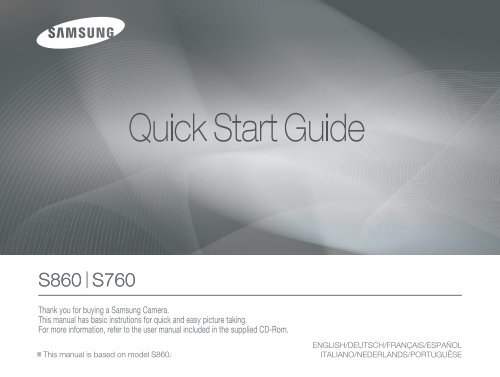 Samsung S760 (EC-S760B01KFR ) - Guide rapide 14.93 MB, pdf, Anglais, N&Eacute;ERLANDAIS, Fran&ccedil;ais, ALLEMAND, Italien, Portugais, Espagnol