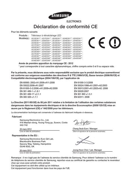 Samsung UE32ES6710/ZF, Slim LED 32&amp;quot;, SMART TV, 3D (UE32ES6710SXZF  ) - CE DoC 0.32 MB, pdf, Fran&amp;ccedil;ais