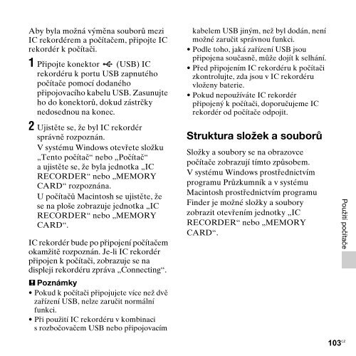 Sony ICD-PX312M - ICD-PX312M Consignes d&rsquo;utilisation Tch&egrave;que