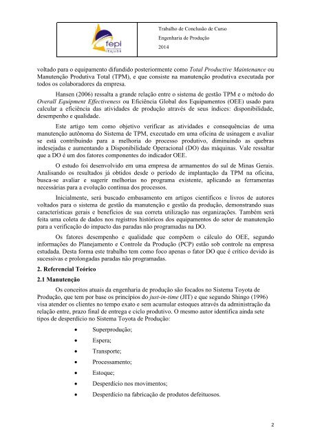 A Importância da Gestão de Manutenção em uma Oficina de Usinagem: Um estudo de caso de uma indústria de armamento do sul de Minas Gerais