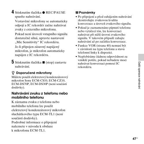 Sony ICD-AX412F - ICD-AX412F Consignes d&rsquo;utilisation Tch&egrave;que