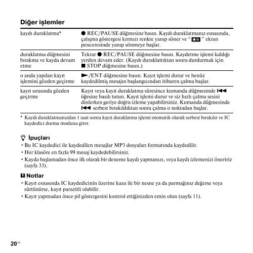 Sony ICD-UX300 - ICD-UX300 Consignes d&rsquo;utilisation Turc