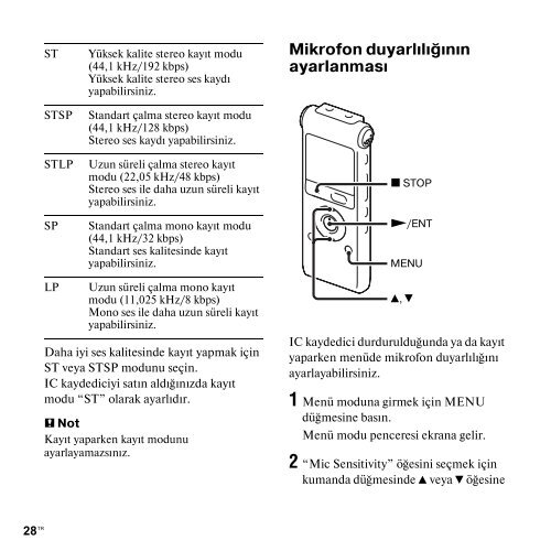 Sony ICD-UX300 - ICD-UX300 Consignes d&rsquo;utilisation Turc