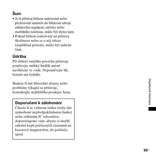 Sony ICD-UX300 - ICD-UX300 Consignes d&rsquo;utilisation Tch&egrave;que