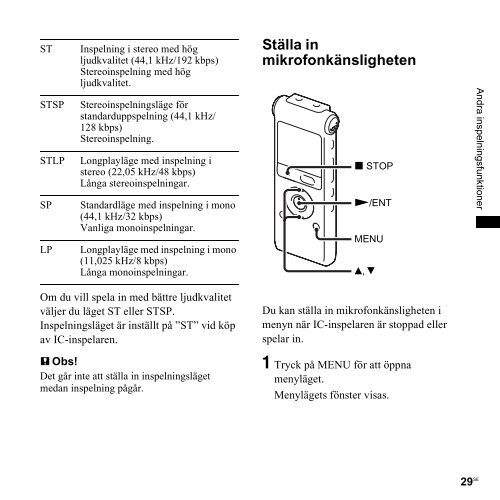 Sony ICD-UX300 - ICD-UX300 Consignes d&rsquo;utilisation Su&eacute;dois