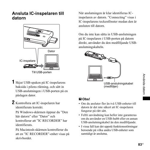 Sony ICD-UX300 - ICD-UX300 Consignes d&rsquo;utilisation Su&eacute;dois