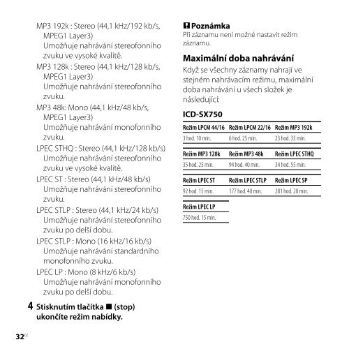 Sony ICD-SX850 - ICD-SX850 Consignes d&rsquo;utilisation Tch&egrave;que