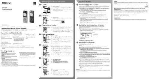 Sony ICD-SX1000 - ICD-SX1000 Guide de mise en route Su&eacute;dois