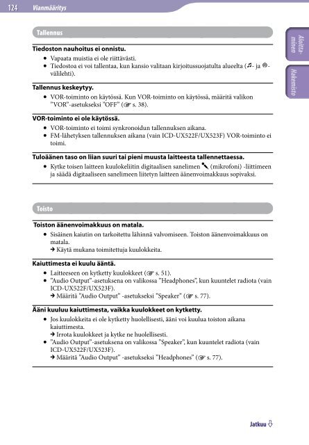 Sony ICD-UX523 - ICD-UX523 Consignes d&rsquo;utilisation Finlandais