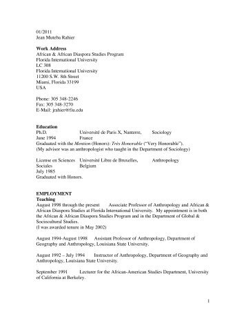 1 01/2011 Jean Muteba Rahier Work Address - Department of ...