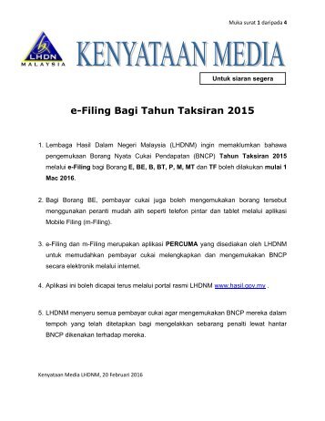 e-Filing Bagi Tahun Taksiran 2015