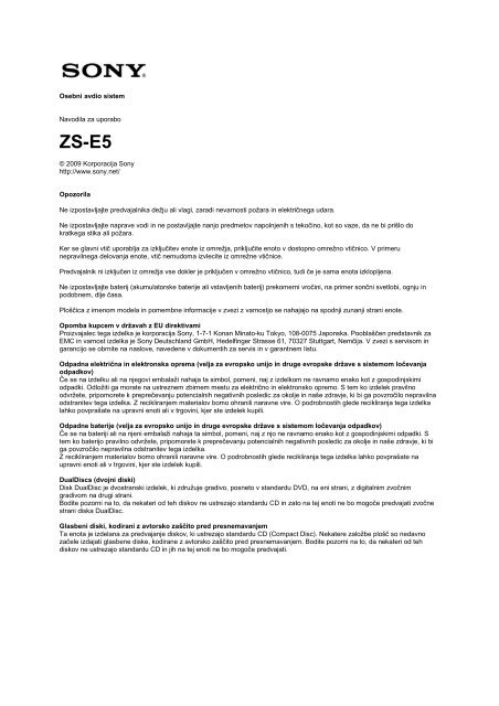 Sony ZS-E5 - ZS-E5 Mode d'emploi Slov&eacute;nien