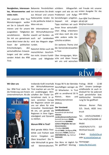 RfW Tirol Magazin Feb. 2016, Ausgabe 01