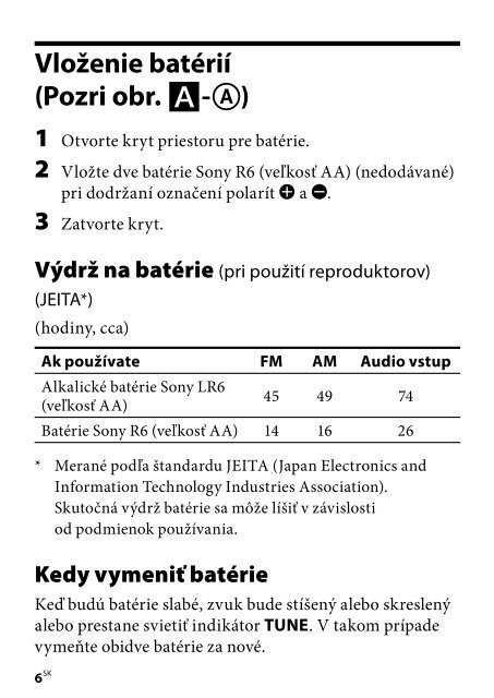 Sony SRF-18 - SRF-18 Consignes d&rsquo;utilisation Slovaque