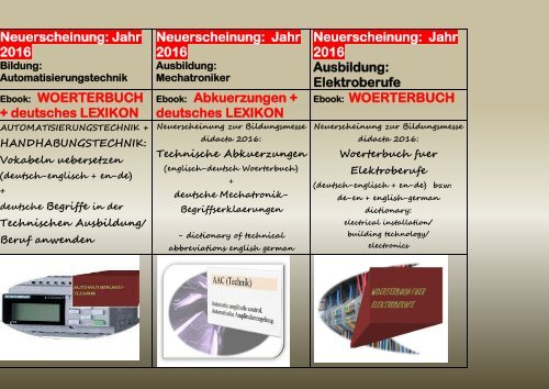 Technisches Englisch/ Franzoesisch lernen: Bildungs-Angebot 2016 (Woerterbuch-Leseproben: Automatisierungstechnik/ Technische Abkuerzungen/ kfz-Elektronik/ Elektroberufe)