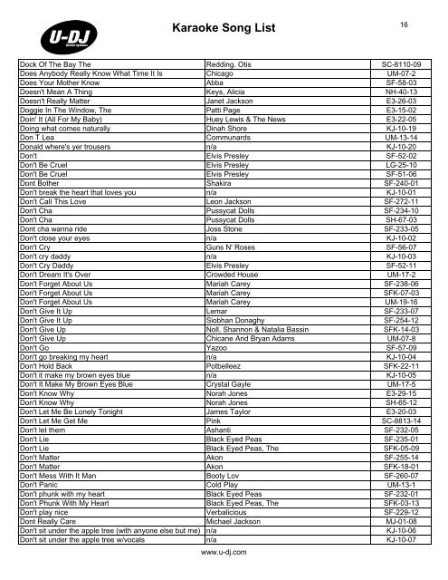 Karaoke Song List - U-DJ RENTAL SYSTEMS