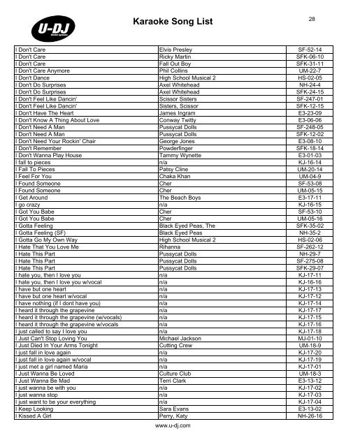 Karaoke Song List - U-DJ RENTAL SYSTEMS