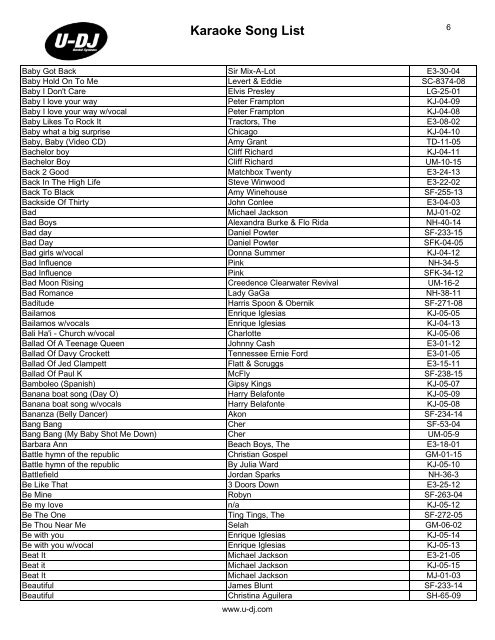 Karaoke Song List - U-DJ RENTAL SYSTEMS