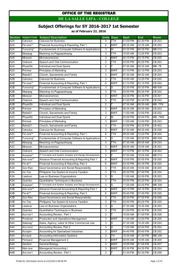 DE LA SALLE LIPA - COLLEGE Subject Offerings for SY 2016-2017 1st Semester