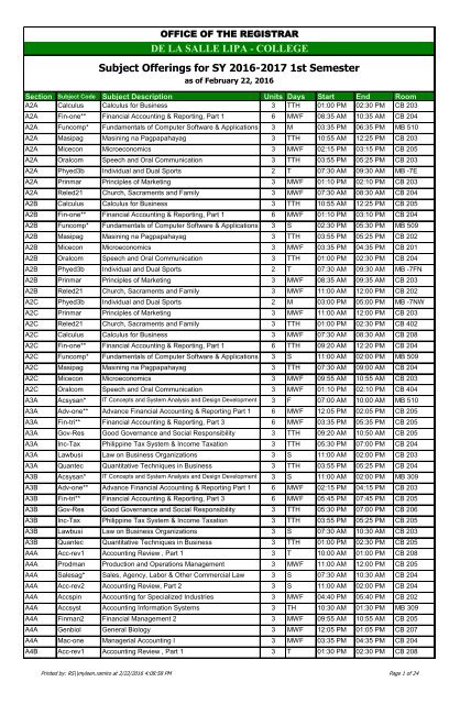DE LA SALLE LIPA COLLEGE Subject Offerings For SY 2016 2017 1st Semester DE LA SALLE LIPA COLLEGE Subject Offerings For SY 2016 2017 1st Semester