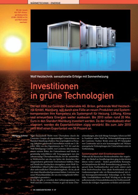 Investitionen in grüne Technologien - Wolf (Schweiz) AG