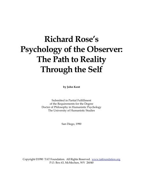 Richard Rose’s Psychology of the Observer The Path to Reality Through the Self