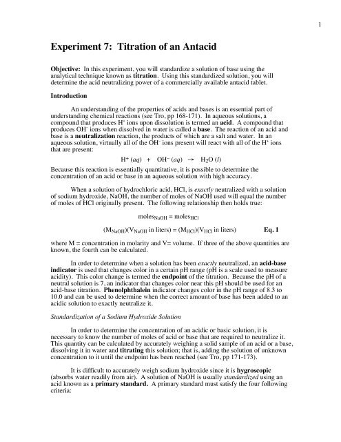 Experiment 7 Titration of an Antacid
