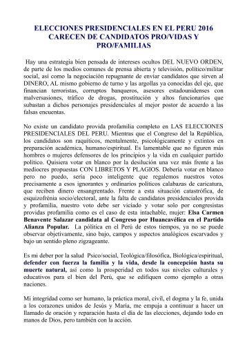 ELECIONES PRESIDENCIALES Y  PREOCUPACION POR LA DEFENSA DE LA VIDA Y LA FAMILIA -MARGARET WELGE GL