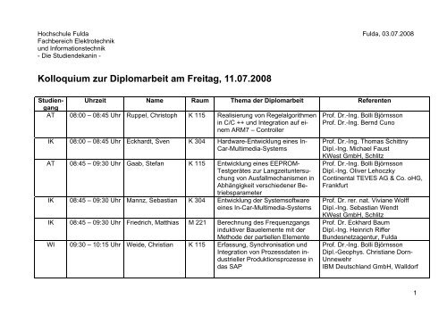 Kolloquium zur Diplomarbeit am Freitag, 11.07 ... - Hochschule Fulda