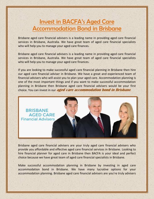 Invest in BACFA’s Aged Care Accommodation Bond in Brisbane