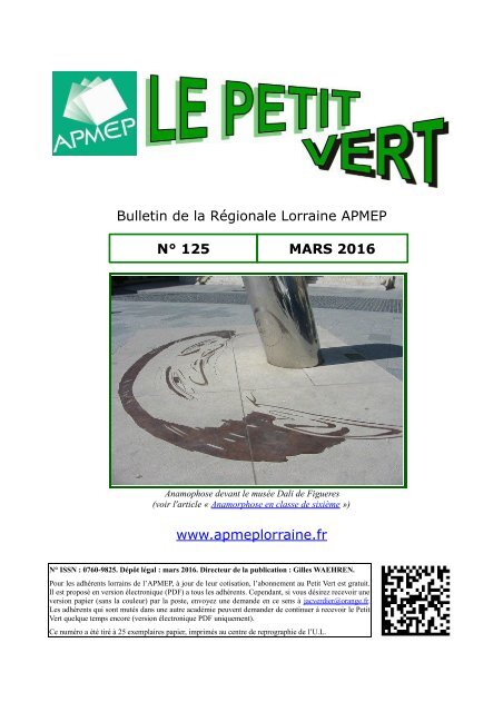 Bulletin de la Régionale Lorraine APMEP N° 125 MARS 2016  www.apmeplorraine.fr