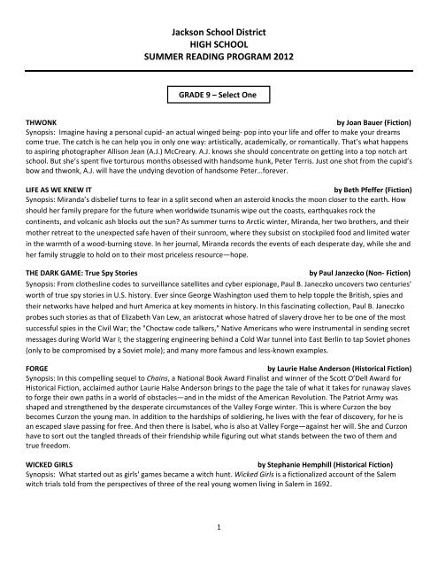 2012 Summer Reading Book Summaries - Jackson Memorial High ...