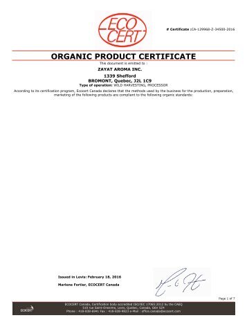 ORGANIC PRODUCT CERTIFICATE