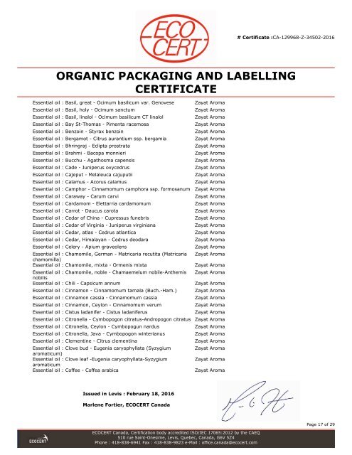 ORGANIC PRODUCT CERTIFICATE