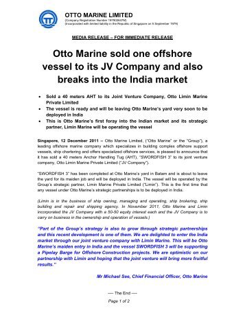 Otto Marine sold one offshore vessel to its JV Company and also ...