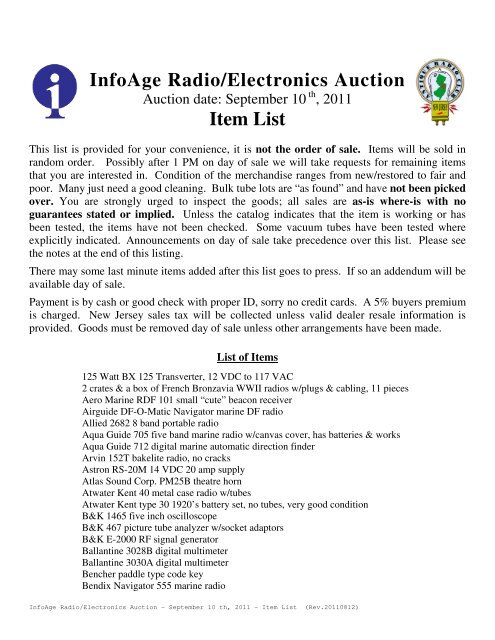 InfoAge Radio/Electronics Auction Item List - The New Jersey ...