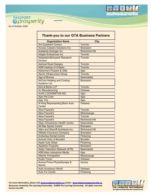 Thank You To Our Gta Business Partners Employer Registry