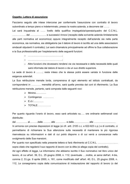 Lettera di impegno all’assunzione