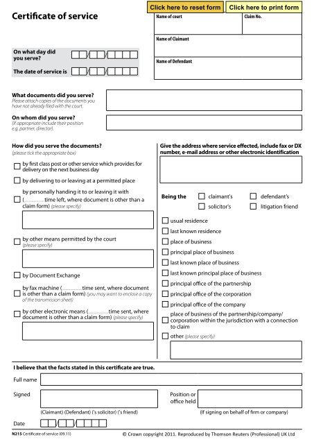 Certificate of service - Civil Procedure Rules and Practice Directions