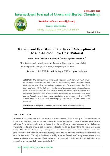 Kinetic and Equilibrium Studies of Adsorption of Acetic Acid ... - IJGHC